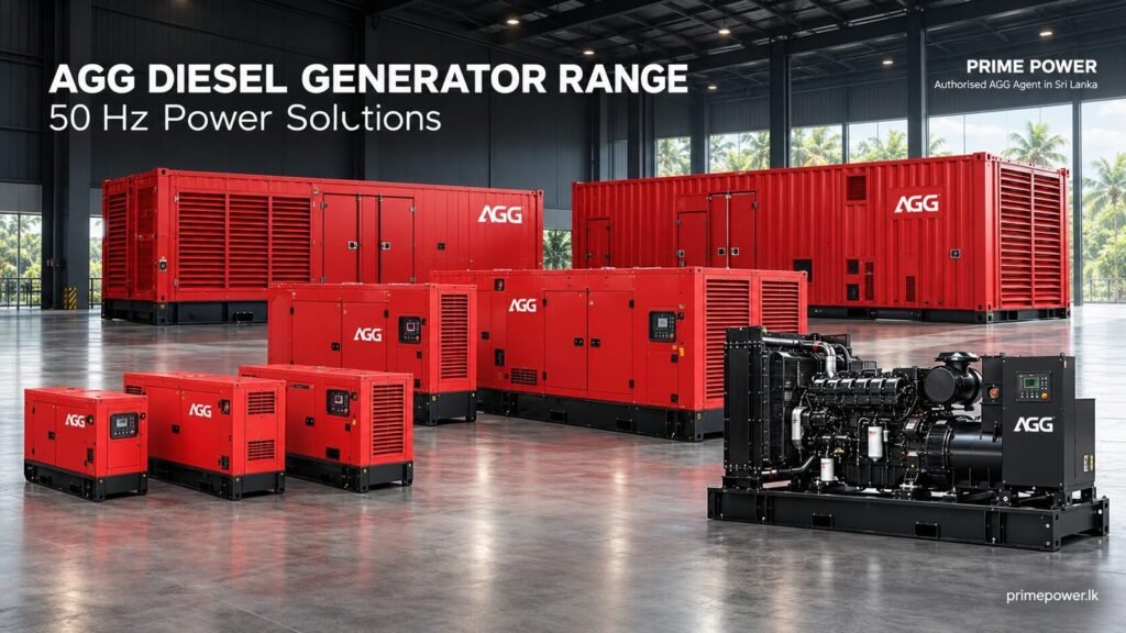 Generator Suppliers in Sri Lanka – illustrative AGG 50 Hz range with enclosed, open-frame and containerised Diesel Generators from Prime Power.